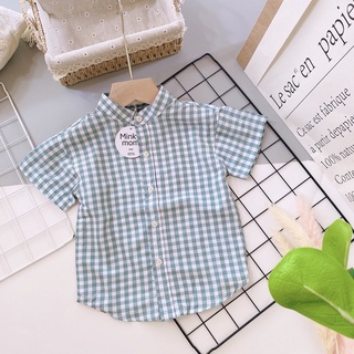 Min0061e - áo sơ mi cổ trụ - caro xanh lá
