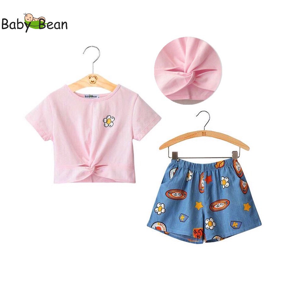 [MÃ BRAND UY TÍN] Bộ Đồ Áo Thun Cotton thắt Nơ Quần Jeans in Họa Tiết bé gái BabyBean