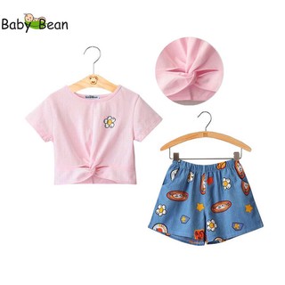 Bộ Đồ Áo Thun Cotton thắt Nơ Quần Jeans in Họa Tiết Bé Gái BabyBean