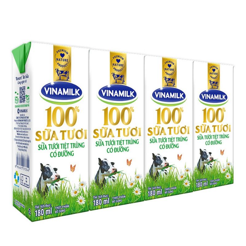 Lốc 4 hộp sữa tươi tiệt trùng Vinamilk 180ml có đường/ ít đường/ không đường