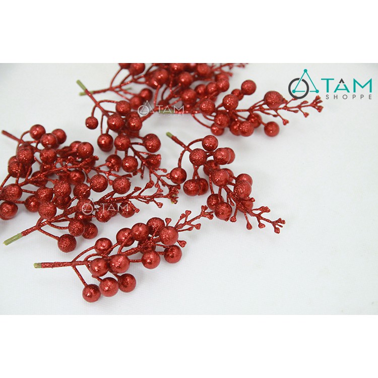 Combo 6 cành cherry trang trí Noel phủ kim tuyến số 18