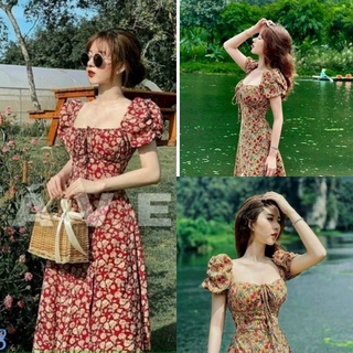 Váy Đầm hoa dáng dài xẻ tà , Đầm Váy hoa nhí đi du lịch dự tiệc