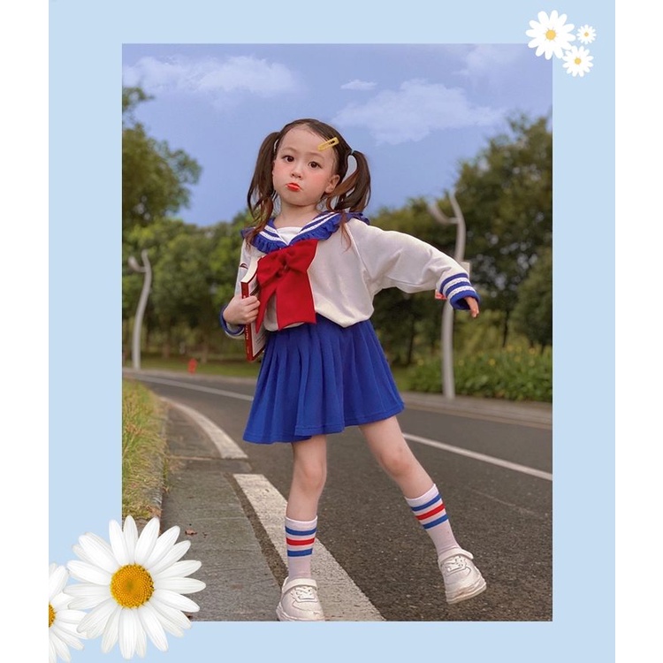 Set Áo Thủy Thủ Mặt Trăng + Chân Váy Xếp Ly Phong Cách Hàn Quốc Mới Cho Bé Gái