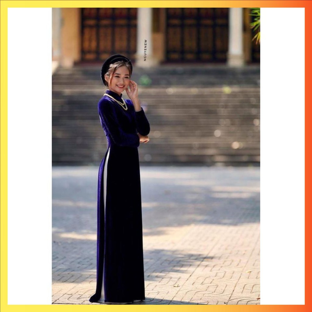 ÁO DÀI NHUNG TRUYỀN THỐNG XANH TÍM THAN KEM QUẦN - QUÝ PHÁI &amp; SANG TRỌNG ADN2T-Tím than