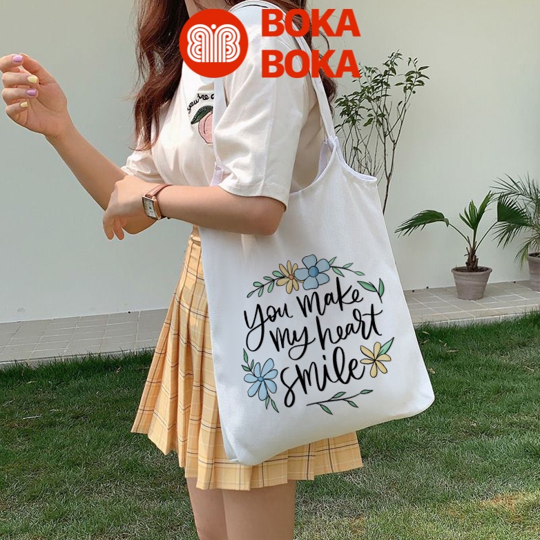 Túi tote xách vai vải canvas giá rẻ You Make My Heart Smile phong cách ulzzang hàn quốc