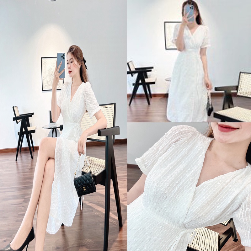 Đầm midi trắng ren bi đắp chéo thắt eo váy thiết kế cổ v dự tiệc du lịch sang trọng