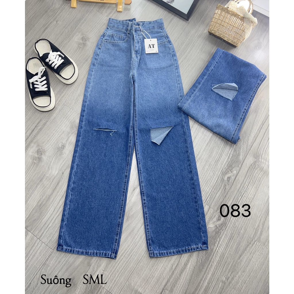 Quần jeans nữ ống rộng DAISY BELLE dáng suông dài, phối màu bai đậm nhạt, rách gối năng động, trẻ trung DS018