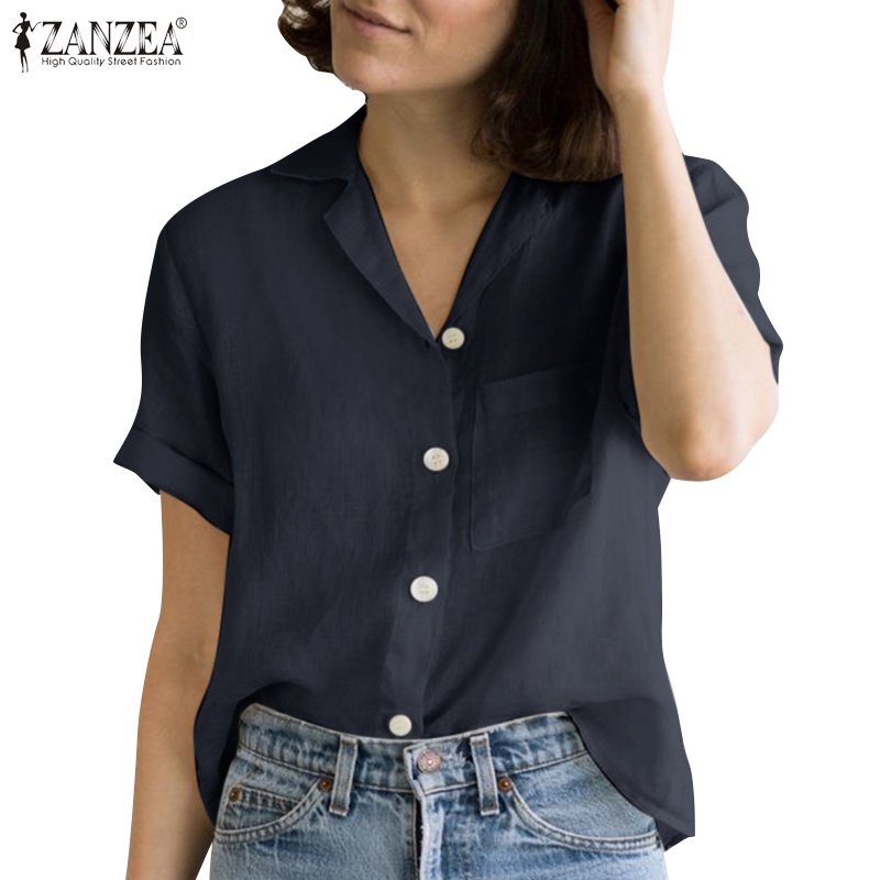 Zanzea Áo Sơ Mi Ngắn Tay Form Rộng Màu Trơn Thời Trang Dành Cho Nữ