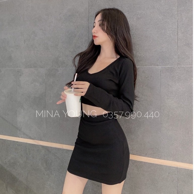 Set trang phục croptop tay dài, chân váy thun gân ôm sát cơ thể tôn dáng, thoải mái - Mina Young Shop