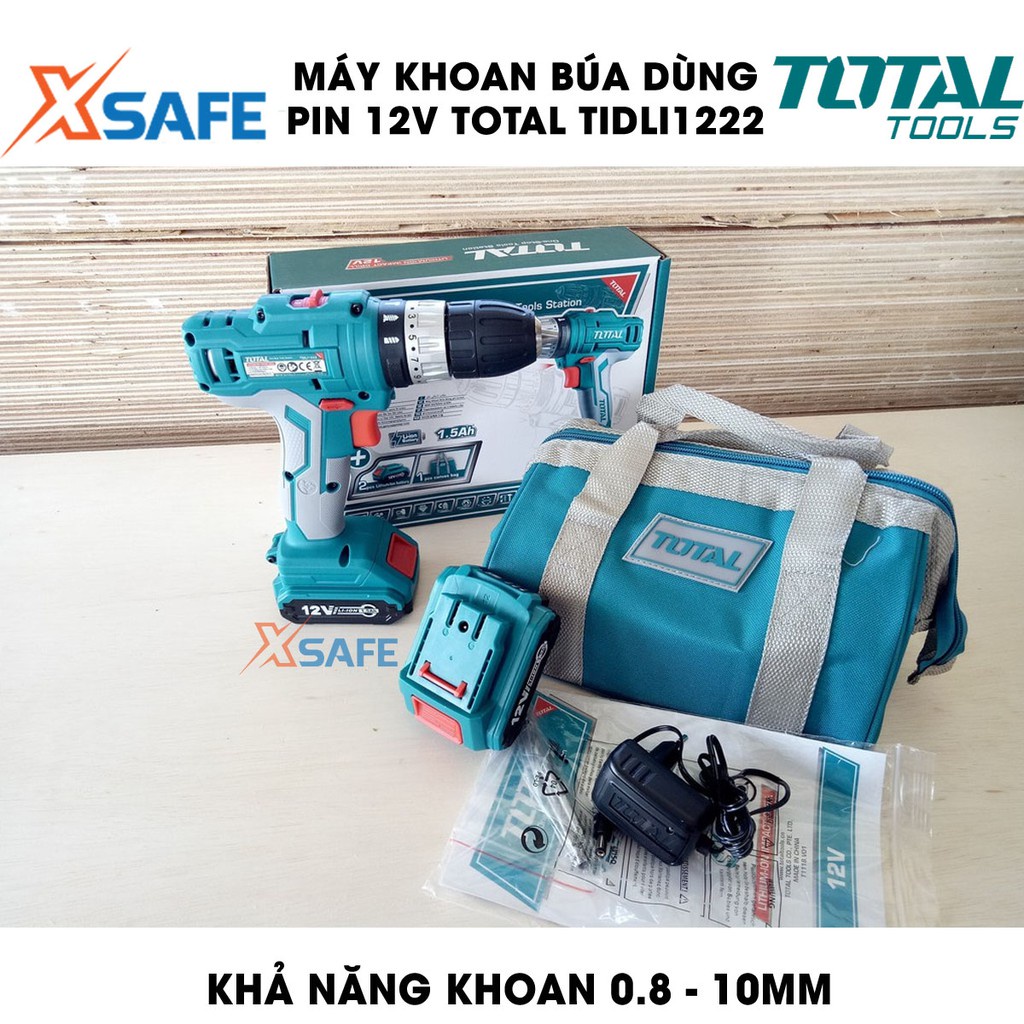 Máy khoan búa vặn vít dùng pin TOTAL 12V TIDLI1222 Máy khoan cầm tay kèm 2 pin 1.5Ah, thay thế tiện lợi - chính hãng
