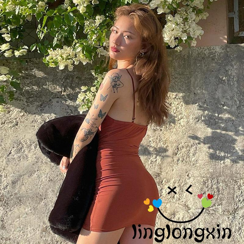 Linglongxi2 Đầm Hai Dây Cổ Thuyền Hở Lưng Màu Trơn Dành Cho Nữ