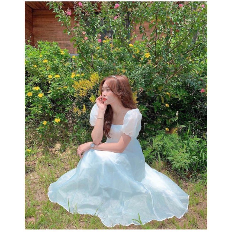 Đầm xòe tay phồng phối nút ngực chất tơ xinh cực Bori dress