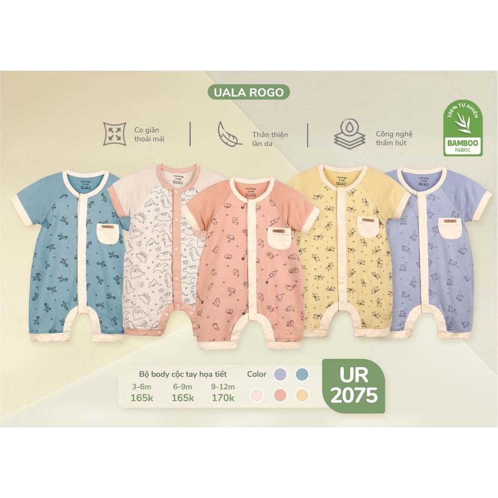 Bodysuit sơ sinh Ualarogo cho bé 3-12 tháng cộc tay cúc giữa vải sợi tre mềm mịn co giãn 2075