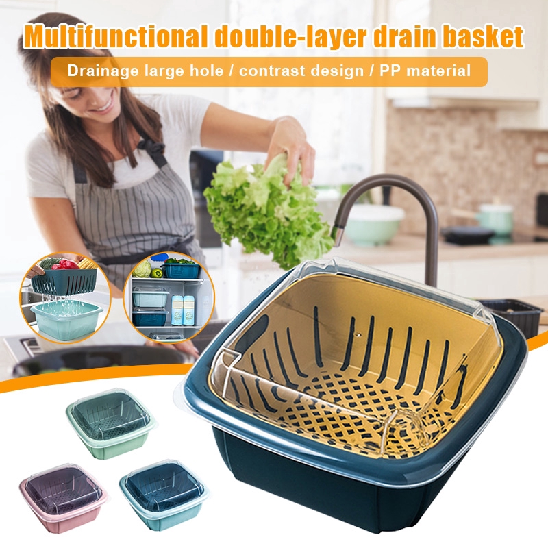 Strainer Double-layer Drain Basket with Lid Plastic Fruit Storage Basket Kitchen Refrigerator Drain Storage Box