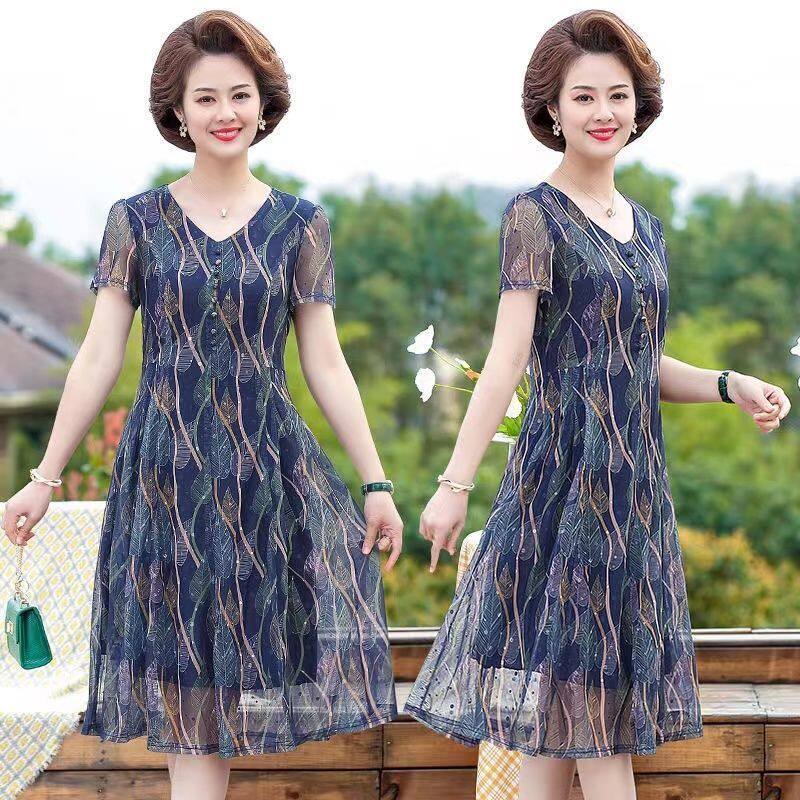 Đầm Dài Vải Voan In Hoa Thời Trang Mùa Hè Mới Cho Phụ Nữ Trung Niên