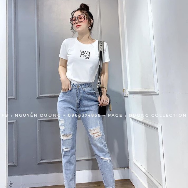 Áo thun nữ croptop cộc tay thêu chữ wa
