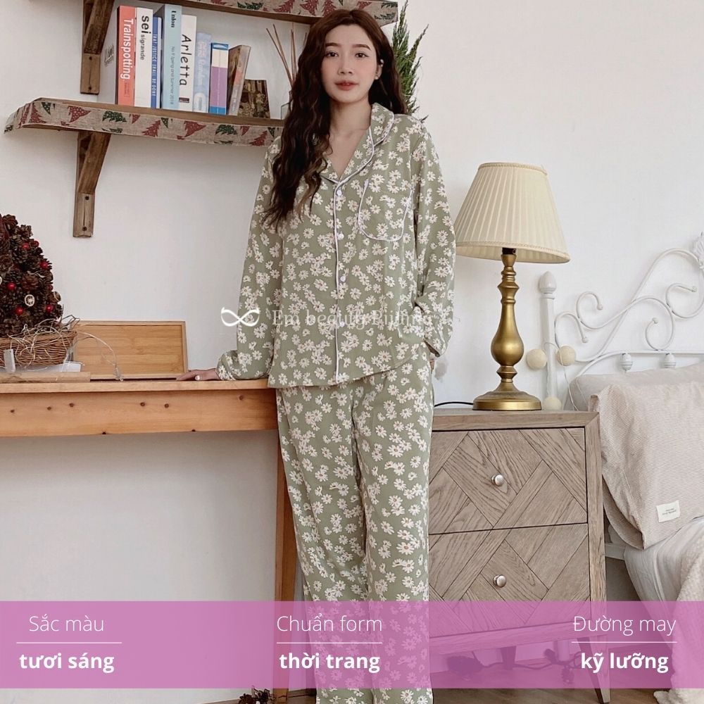 Pijama lụa EMBEAUTY đồ ngủ nữ, bộ mặc nhà dài tay, lụ.a mango họa tiết cúc, sau sinh, freesize CÓ FREESHIP TẶNG QUÀ_EM01