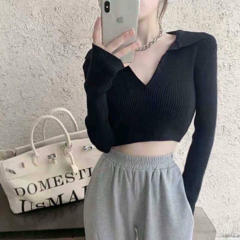 (Trắng/đen) Áo croptop tay dài cổ trụ cột dây lưng.