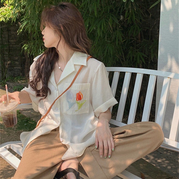 Áo Sơ Mi chiffon Mỏng Tay Ngắn Thêu Hình Hoa tulip Thời Trang Mùa Hè Hàn Quốc Dành Cho Nữ 2022