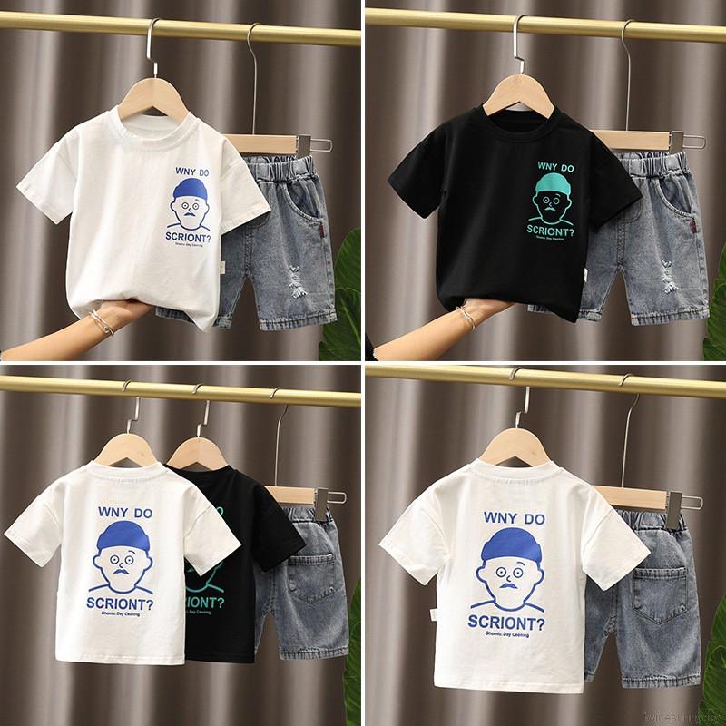 Set Áo Thun Tay Ngắn &amp; Quần Short Denim 2 Lớp Cho Bé Trai