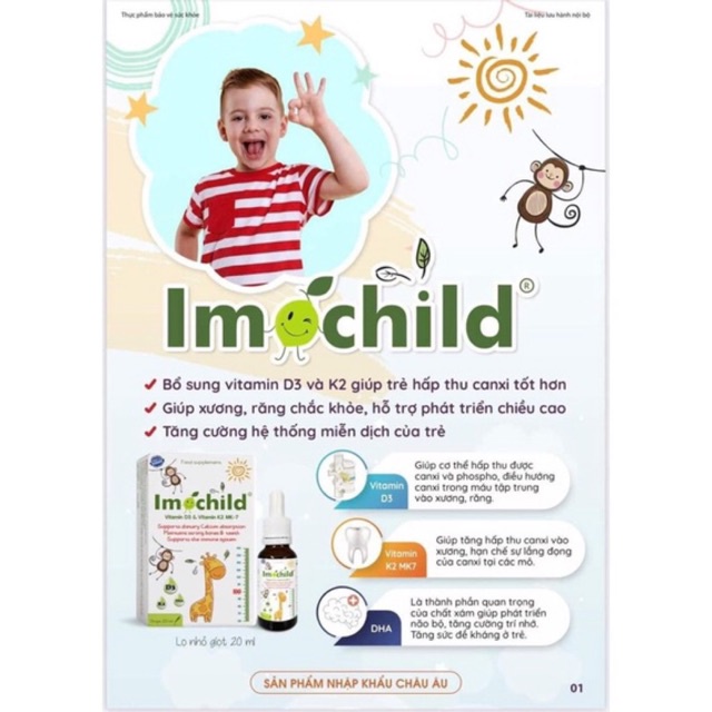 IMOCHILD Vitamin D3 K2 MK7, DHA hỗ trợ trẻ hấp thu Canxi