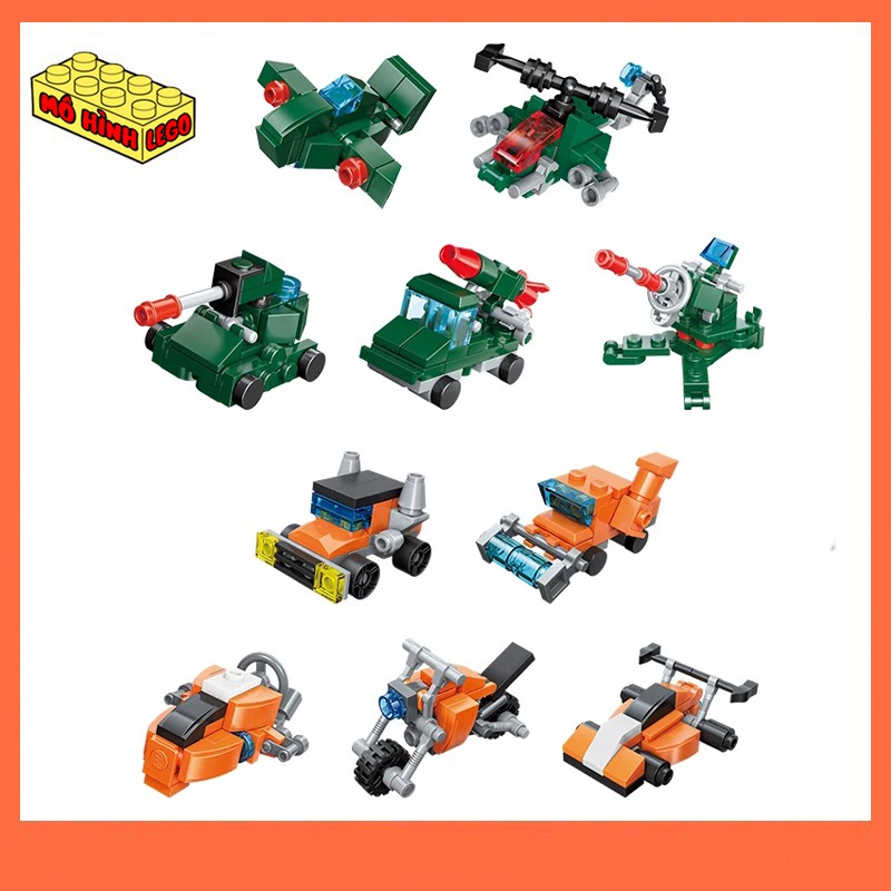 Đồ chơi lắp ráp lego giá rẻ 3 trong 1 Qman 2106 mô hình 10 loại xe quân sự, xe đua, máy bay chiến đấu sáng tạo cho bé