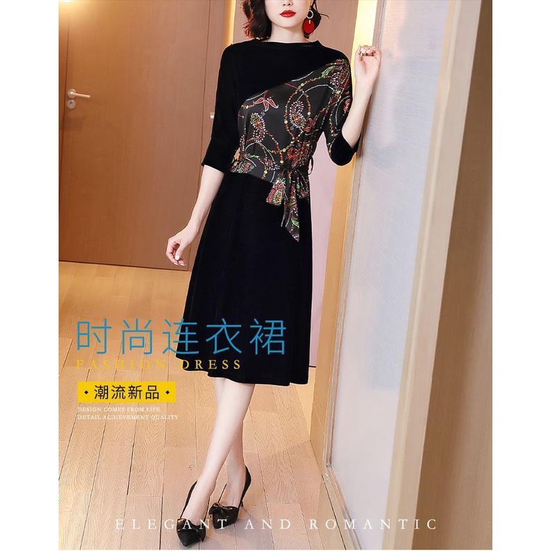 Đầm Nhung Dáng Chữ A Phối Màu Tương Phản Thời Trang Mùa Thu 2022 Cho Nữ