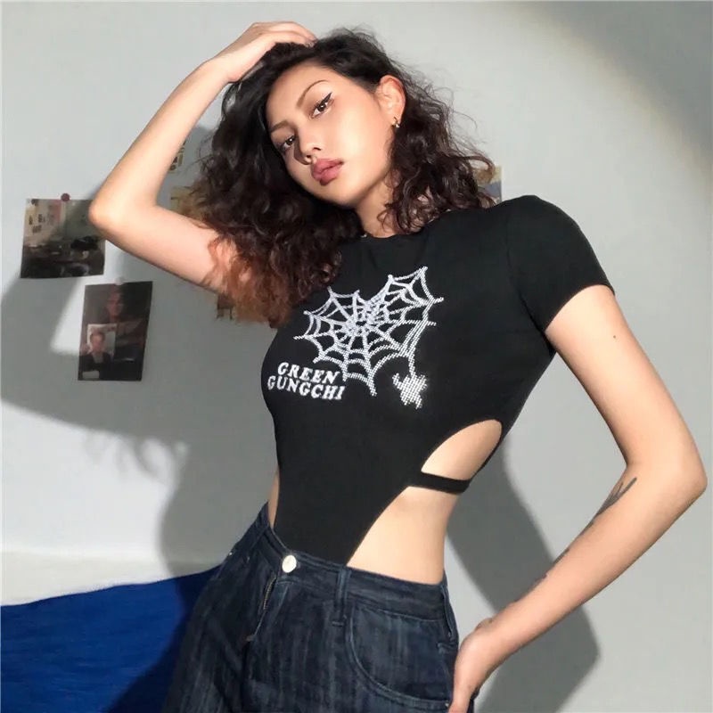 Summer new Korean style design sense close-fitting small machine hot girls hollow jumpsuit slimming waist-revealing short-sleeved top fashion | BigBuy360 - bigbuy360.vn