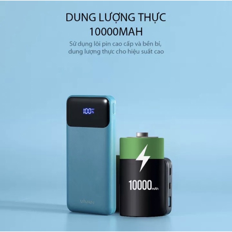 Sạc dự phòng Vivan VPB-X10 dung lượng 10.000mAh. Hỗ trợ sạc nhanh QC 3.0 - 2 cổng sạc ra USB-A & Type-C nhỏ gọn