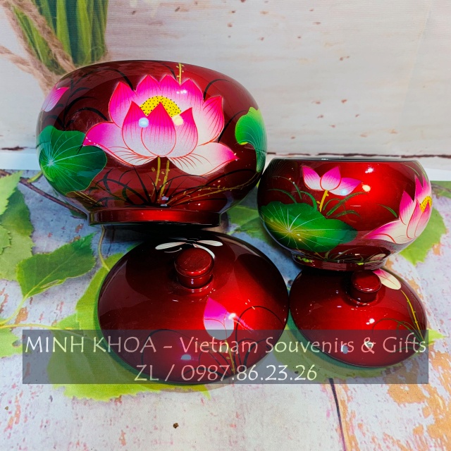 Chén Bát Hũ Đựng Bánh Kẹo Sơn Mài Hoa Sen Vẽ Tay 12 - 14 - 16 Cm