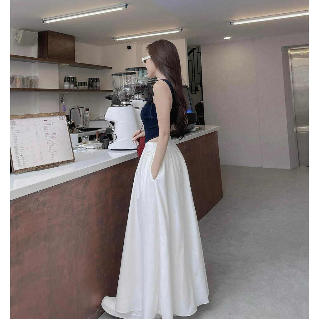 Set áo corset denim và chân váy kaki thô mềm, dáng dài 95cm