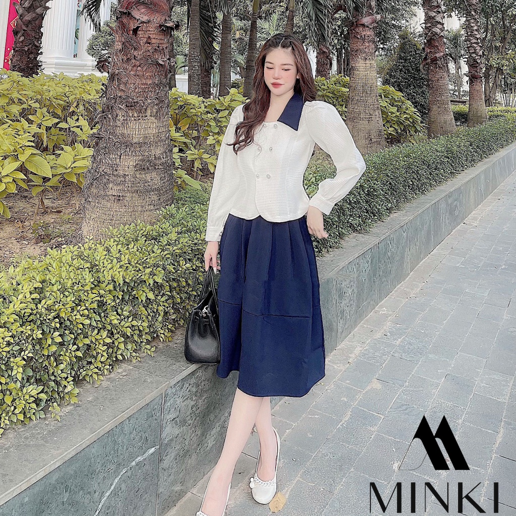 🌸 SET SƠ MI CÚC CHÂN VÁY XANH THAN CỔ ĐIỂN - CHẤT LIỆU CAO CẤP - PHỐI MÀU TRẮNG VÀ XANH ĐEN | BigBuy360 - bigbuy360.vn