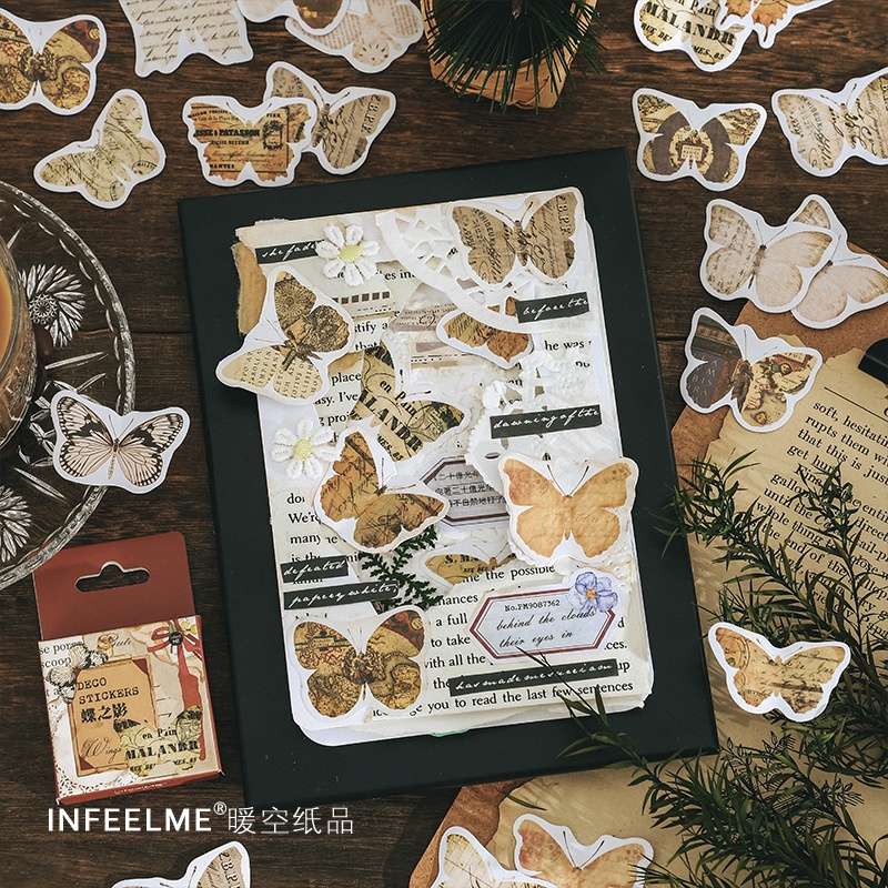 Hộp 46 Nhãn dán sticker Hoạ tiết hoa nâu Vintage trang trí sổ tay bullet journal M588