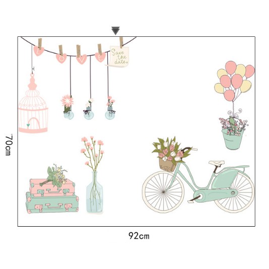 Decal trang trí tường Xe đạp và chậu hoa Màu dịu dàng
