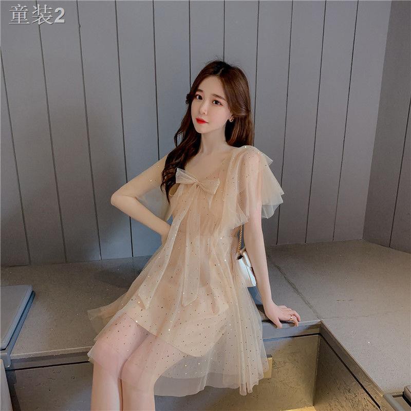 ☢❂phong cách thời trang mới mùa hè kiểu Pháp niche dress siêu tiên ngôi sao lưới gạc váy hai dây tây