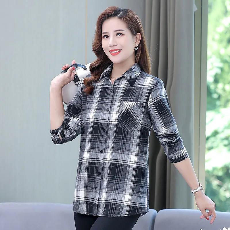 Áo Sơ Mi Cotton Tay Dài Kẻ Sọc Caro Thời Trang Cho Phụ Nữ Trung Niên