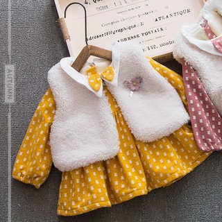 HÀNG QC-Váy lót lông họa tiết thỏ kèm áo gile lông size 9-17kg