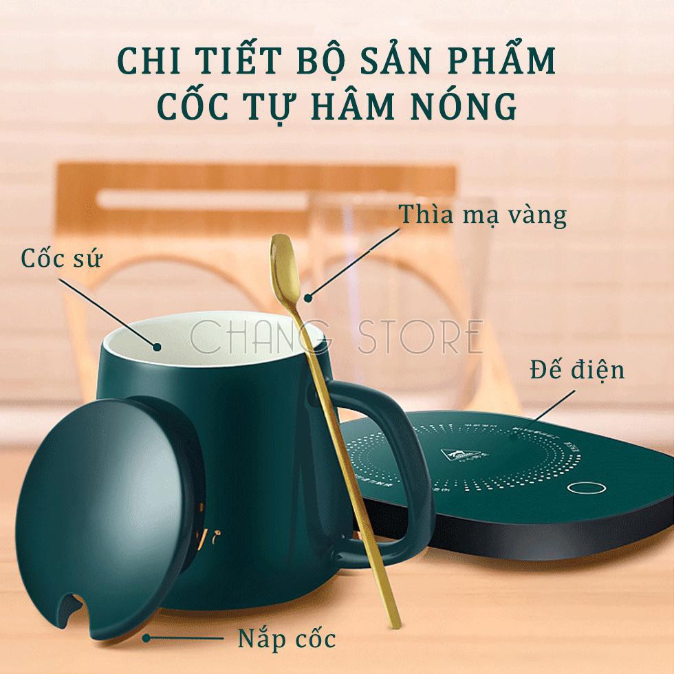 Bộ Cốc Sứ hâm nóng cao cấp kèm đế điện, Ly sứ kèm đế điện hâm nóng cafe, sữa, trà Tặng kèm thìa mạ vàng tiện lợi