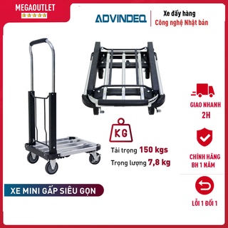 Xe đẩy hàng 4 bánh mini gấp gọn chở 150kg nhập khẩu Advindeq HT-150A, xe kéo hàng mini sàn xe 2 mức điều chỉnh, BH1 năm