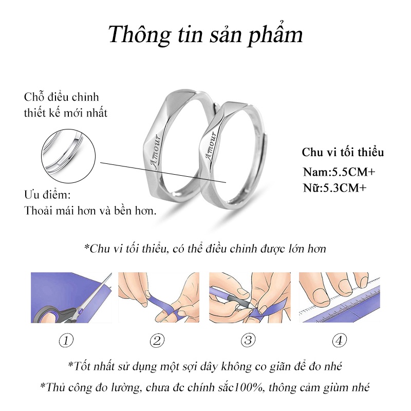 Nhẫn đôi Nam nữ Hình kim cương Màu bạc Đơn giản Tiếng pháp Tình yêu Tính cách Làm bằng tay NH-106