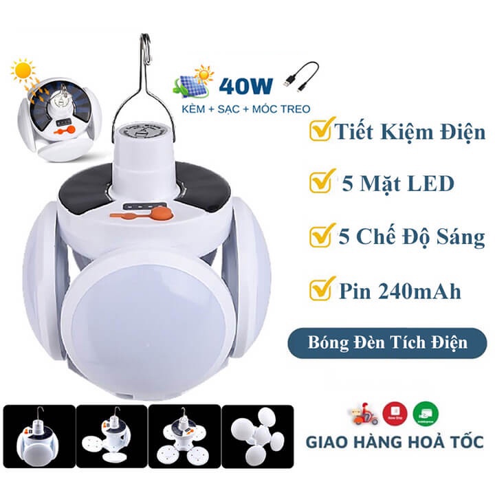 Đèn Led Năng Lượng Mặt Trời 4 Cánh 5 Bóng Football UFO Lamp 40W, Bóng Đèn Siêu Sáng Tích Điện Ngoài Trời 5 Chế Độ