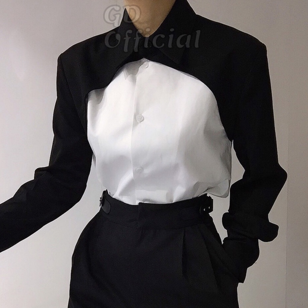 A73|Áo sơ mi polo cotton nữ dài tay hai màu tương phản khí chất dáng rộng, thẳng, suông màu xám, đen, trắng GD Official