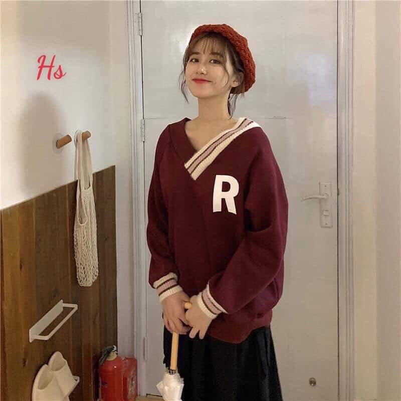 💃 Áo Nỉ Cổ V In Chữ R Phối Màu Dáng Rộng 3 Màu