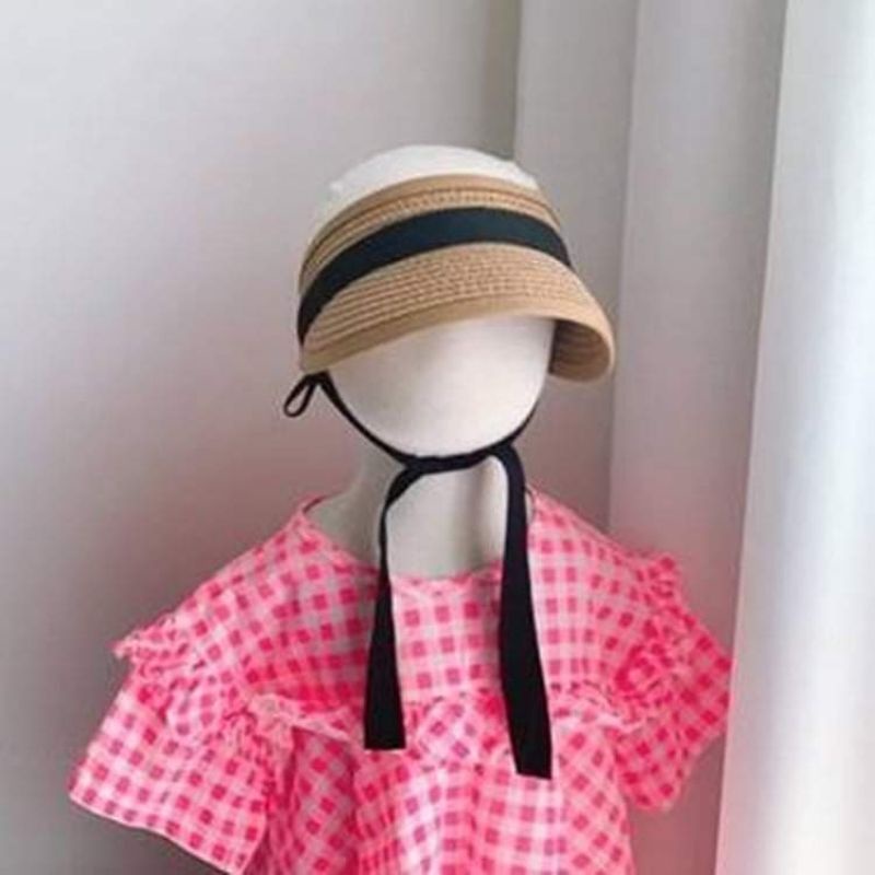 Mũ cói nửa đầu phối dây buộc cho bé