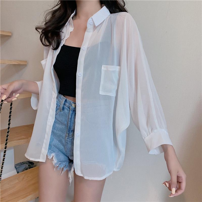 Áo Sơ Mi chiffon Mỏng Tay Dài Màu Trắng Trong Suốt Dành Cho Nữ