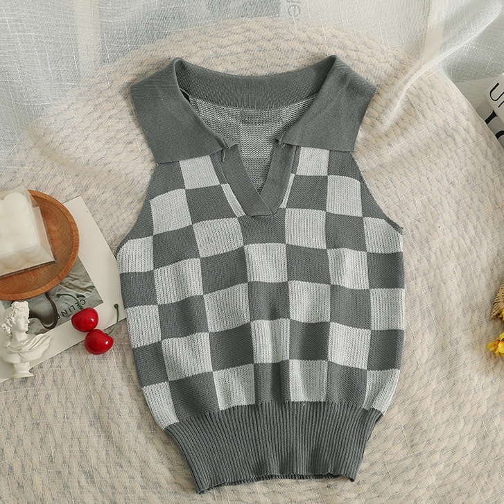 Áo croptop SUXI dệt kim họa tiết sọc ca rô phong cách Hàn Quốc