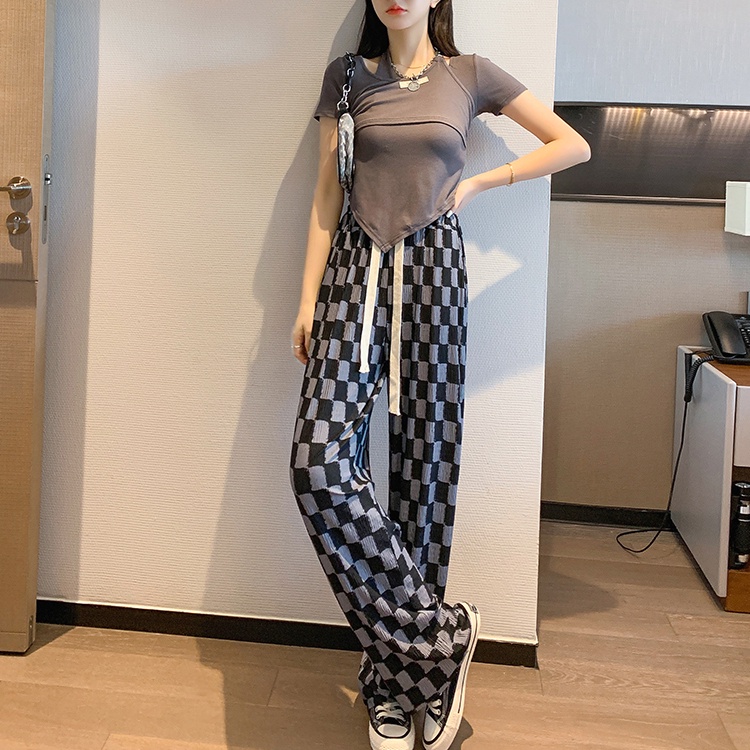 SUXI Quần Dài Lưng Cao Ống Rộng Họa Tiết Sọc Caro Thời Trang Mùa Hè Cho Nữ