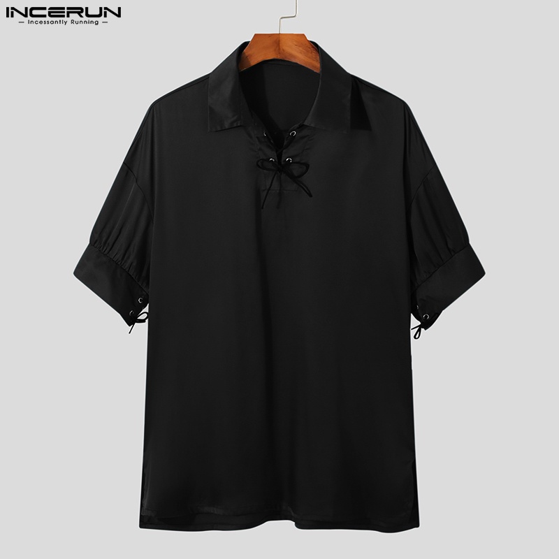 Áo INCERUN vải lụa tay ngắn dáng rộng phối dây cột cỡ S-5XL sành điệu cho nam