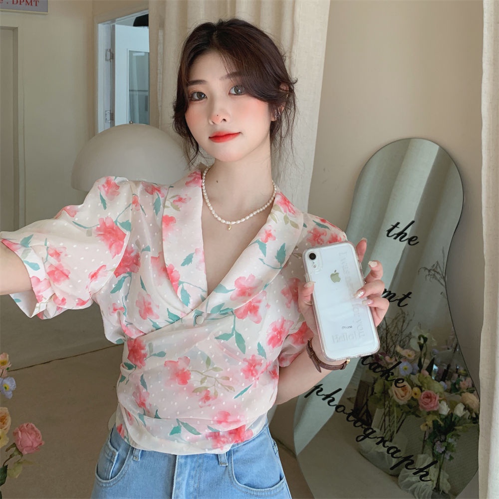 Áo Hoa Tay Ngắn Thắt Nút Chéo Phong Cách Hàn Quốc Trẻ Trung