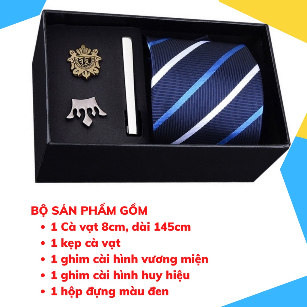 Set cà vạt bản to 8cm làm quà tặng cho Nam gồm cà vạt, kẹp cà vạt, ghim cài áo đóng hộp lịch sự CCV-08